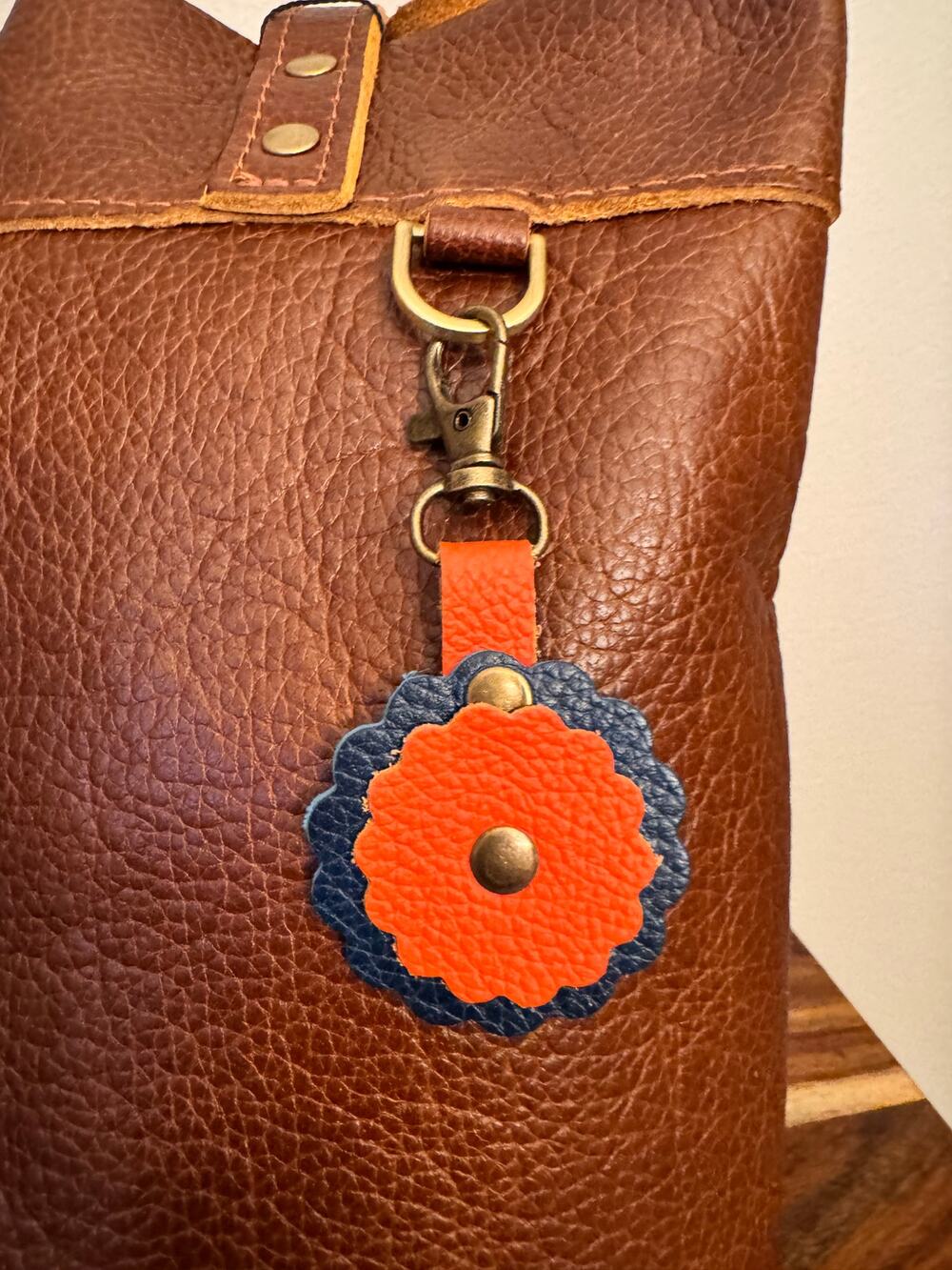 Blue Orange Bag Charm Genuine Leather Purse Charm Scalloped Cute Accessories